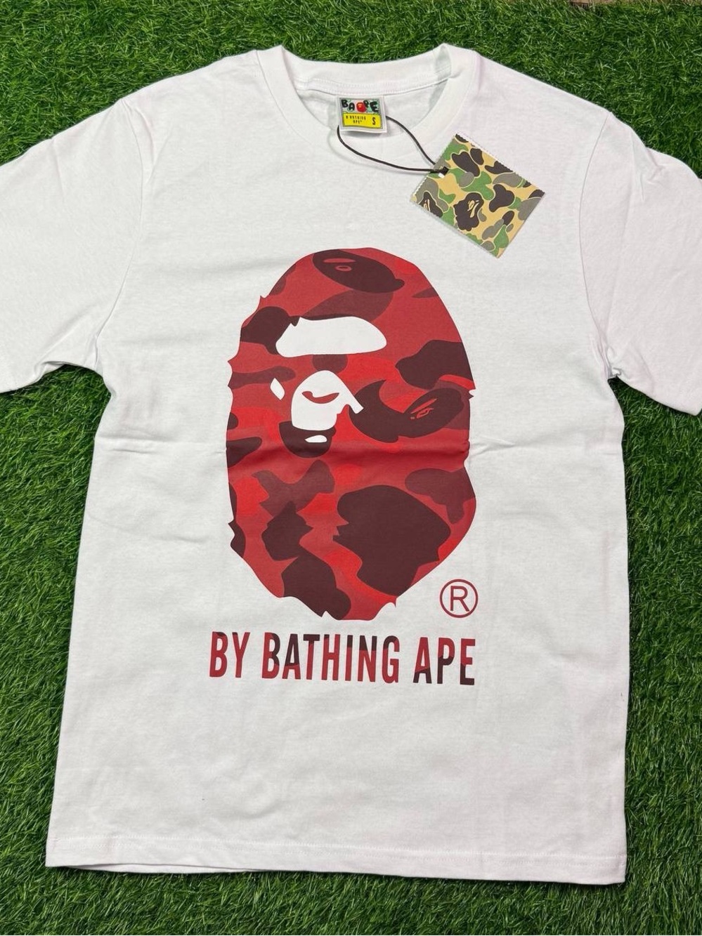 White T-Shirt with Red Camo Ape Logo